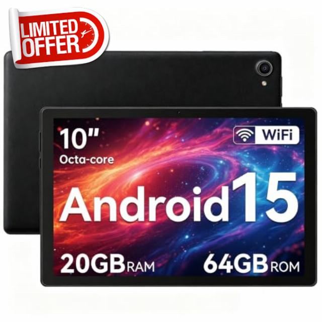 Hakaug Tablet 10 Inch Android 15 Tablets PC Octa-Core 20 GB RAM 64 GB ROM 1 TB TF Extension 1280x800 IPS Touchscreen WiFi 6 Widevine L1 Dual Camera 5000 mAh (Black)