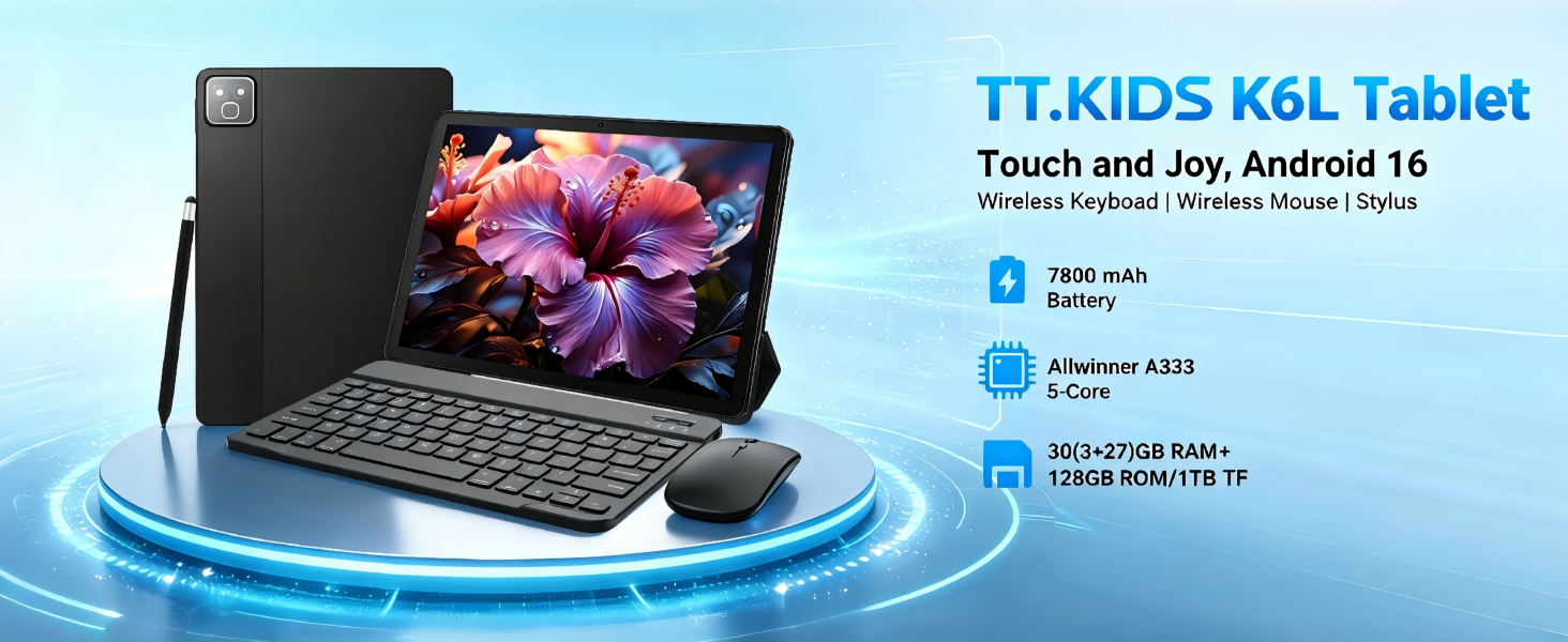 Text reads 'TJ.KIDS K&L Tablet Touch and Joy, Android 10 System' with product specifications listed below. Image shows black tablet device with keyboard attachment against blue background with digital effects.