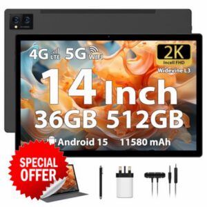 FLYCOAY 14 Inch Tablet Android 15 Gaming Tablet 36GB+512GB/TF 2TB