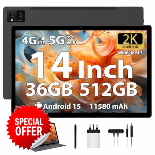 FLYCOAY 14 Inch Tablet Android 15 Gaming Tablet 36GB+512GB/TF 2TB