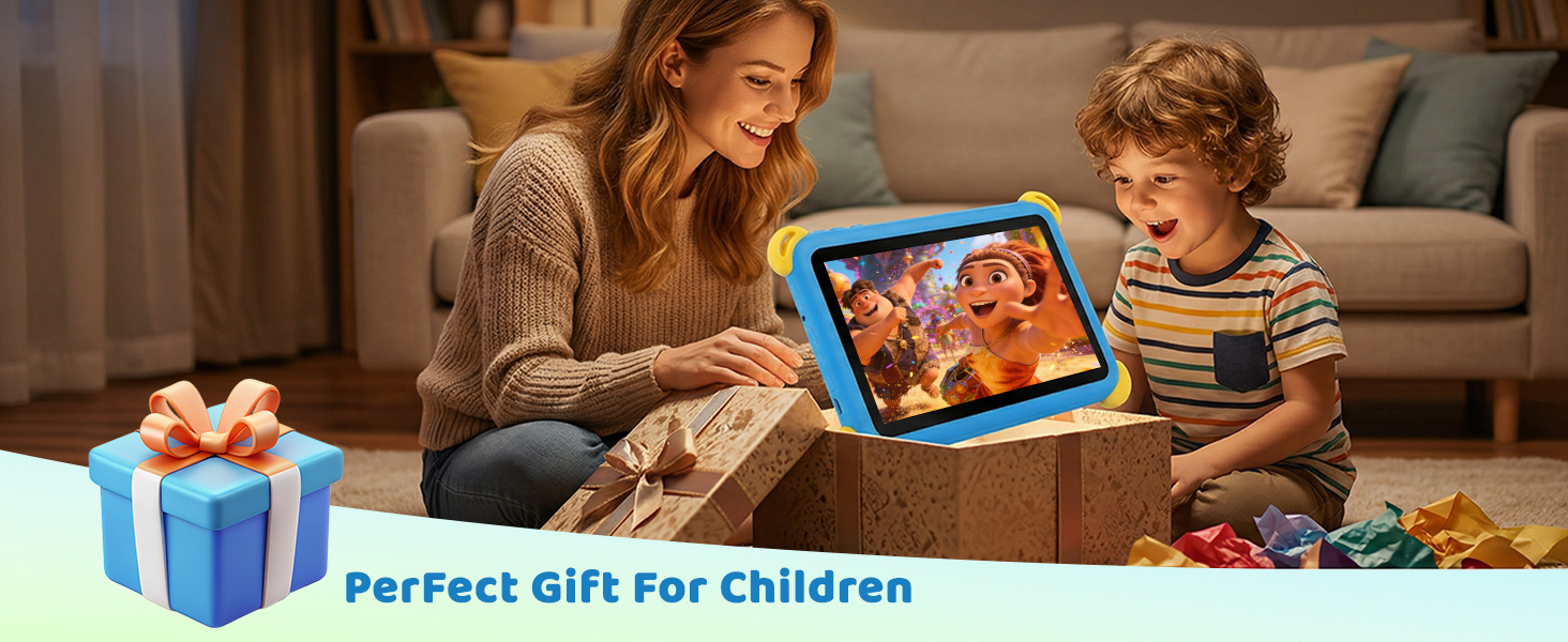 Text reads 'Perfect Gift For Children'. Woman and child using blue-framed digital tablet device on living room sofa. Gift box icon displayed in bottom left corner.