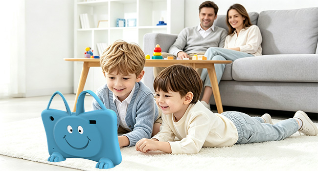 Text reads 'You can download more ages like this to the kids. Ask. Shop. Digital.' Shows child holding tablet device displaying nine colorful video thumbnail images in grid layout.