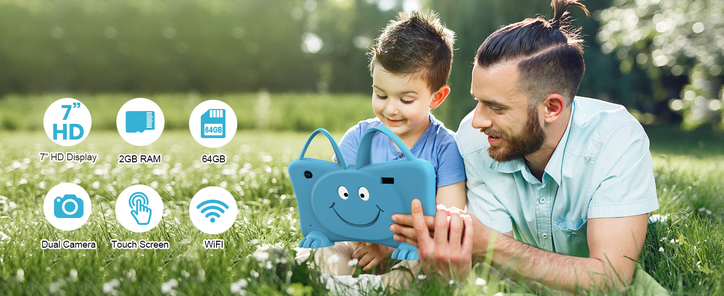 Young child and adult playing outdoors on grass with interactive toy, surrounded by circular icons indicating educational features and functions.