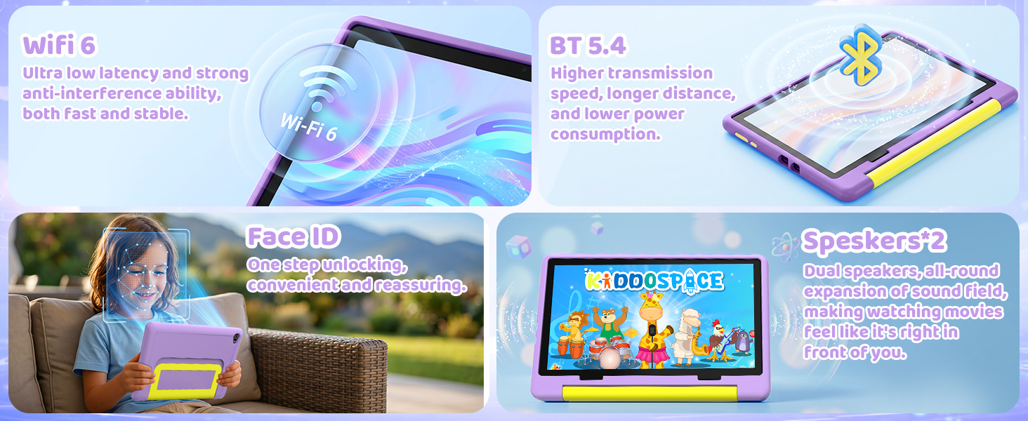 Composite tech product images with text elements including 'WiFi 6' and feature descriptions. Multiple views showing laptop, outdoor scene, tablet display, and mobile interface with colorful graphics and icons.