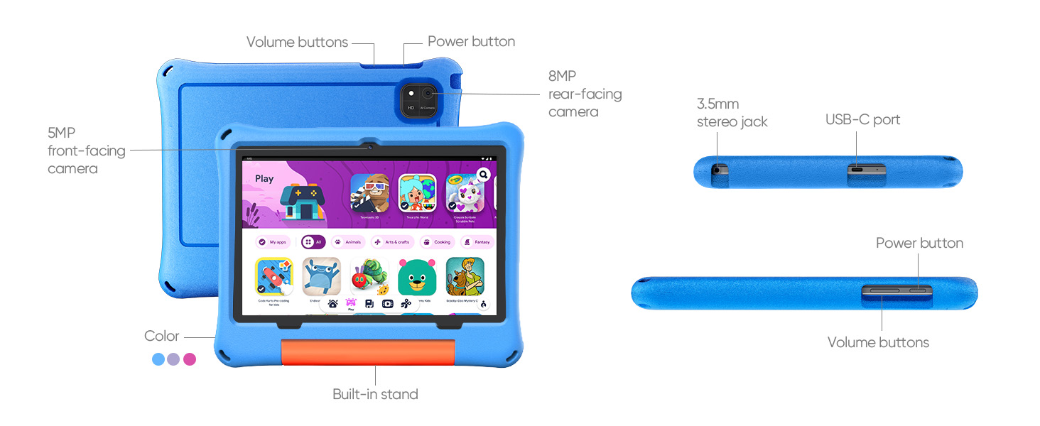 Text reads 'For every stage of kids'. Split screen showing child using blue educational tablet device; left panel labeled 'Visual Literacy', right panel labeled 'Powerful learning performance'.