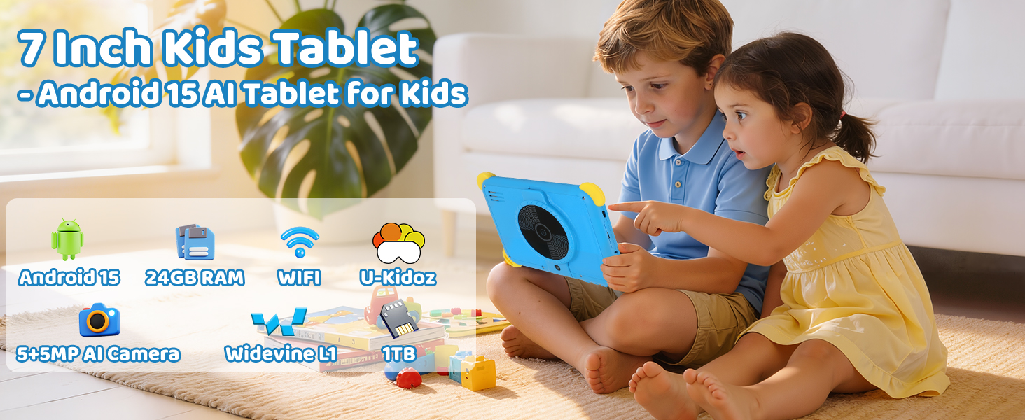 Text reads '7 inch Kids Tablet' and 'Android Tablet for Kids' with brand logos. Two children sharing blue tablet device showing content on screen in bright, playful setting.