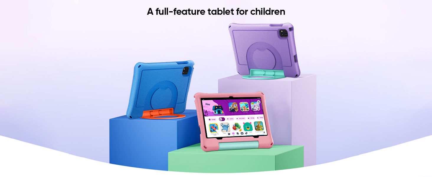 Text reads 'A full-feature tablet for children'. Colorful tablet devices and cases in blue, purple, and pink stacked together, designed for children's use with bright, playful appearance.