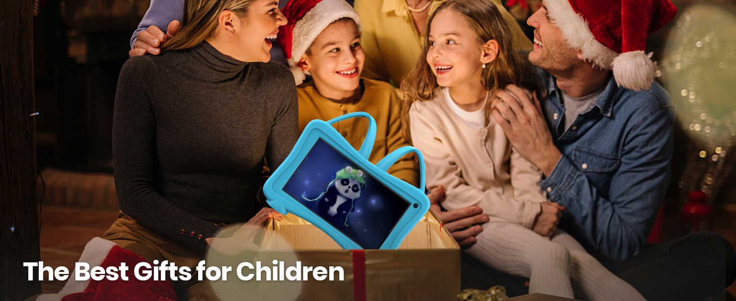 Text reads 'The Best Gifts for Children'. Image shows four people gathered around a child holding a blue digital device or tablet during what appears to be a holiday celebration with wrapped presents.