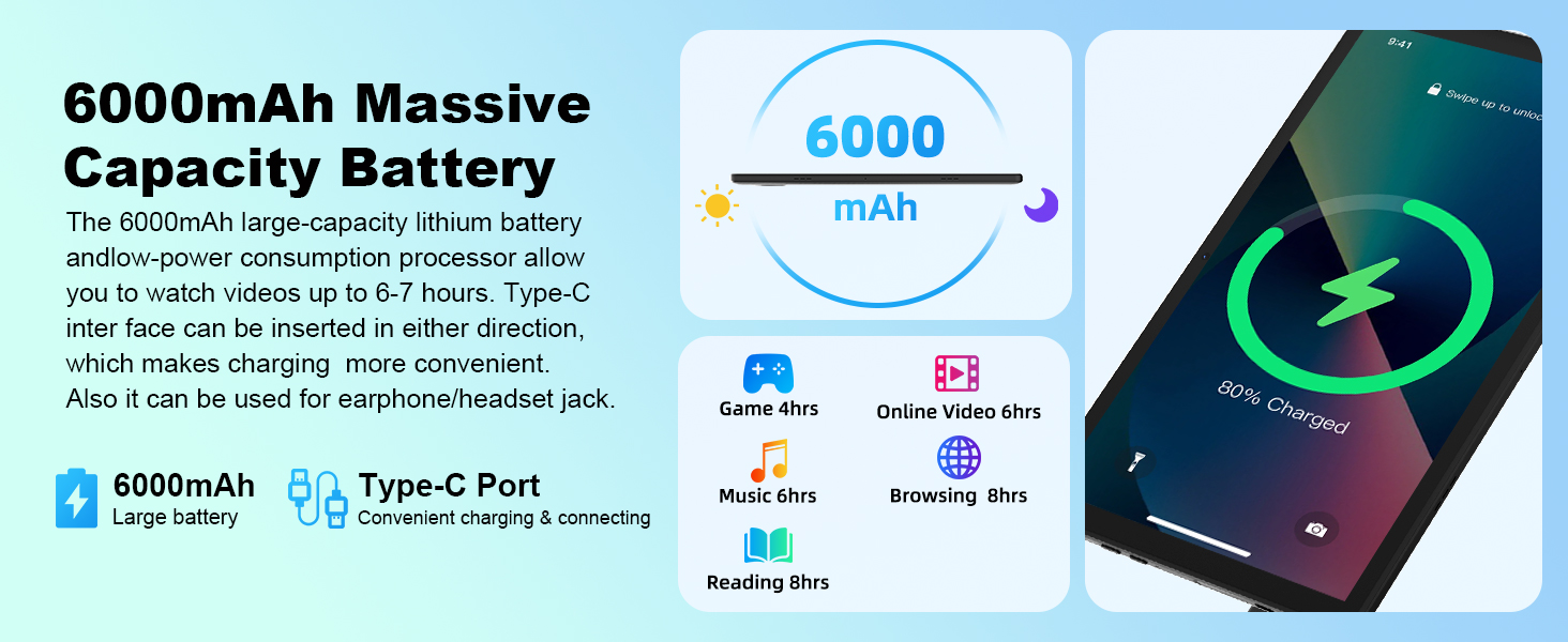 Text reads '6000mAh Massive Capacity Battery', '6000', 'mAh', 'Type-C', 'Wireless charging', 'Fast charging'. Battery power bank specifications with smartphone charging demonstration showing green charging indicator.