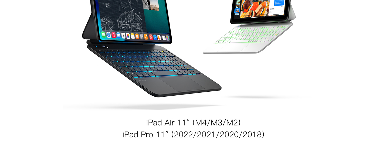 Text reads 'iPad Air 11" (M2/M3/M4)' and 'iPad Pro 11" (2022/2021/2020/2018)'. Two tablets displayed: one dark blue with keyboard case in tent mode, one silver/white in landscape position showing colorful content on screens.