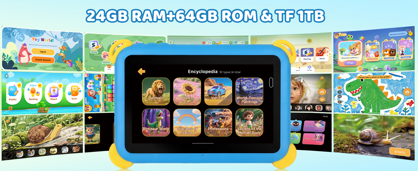Text reads '2GB RAM+64GB ROM & TF 1TB'. Children's educational tablet device with blue bumper case displaying colorful game interface surrounded by product packaging showing various digital content and applications available.