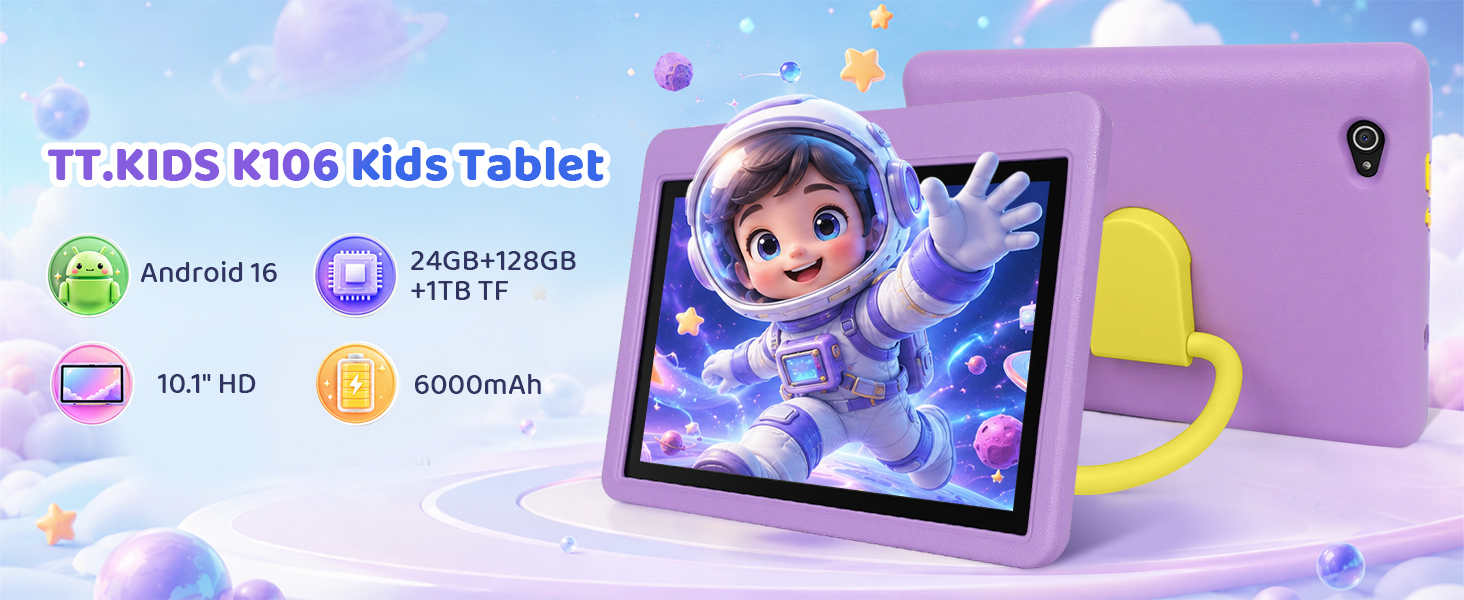 Text reads 'T7 KIDS KIDS kids Tablet' with partial visible text including feature icons. Purple tablet device with yellow stand against colorful galaxy-themed purple background with planets.
