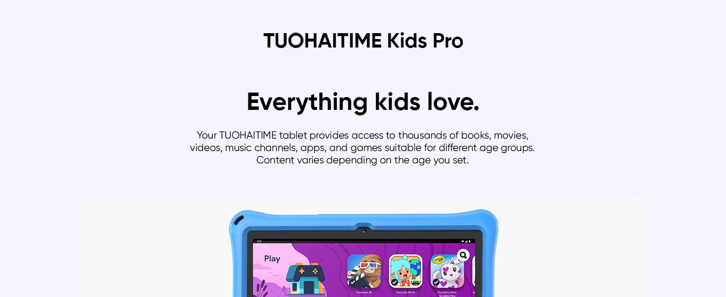 Text reads "Why choose this Kids tablet?". Five feature icons displayed with headers: "Designed for Toddler Fun", "95% Ad Free Content", "Simplified Parent Control", plus two additional unlabeled benefit icons below.