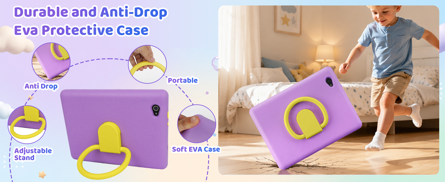 Text reads 'Durable and Anti-Drop Eva Protective Case' with feature labels 'anti slip design', 'Portable', 'soft texture', 'hand strap'. Purple tablet case with yellow handle, shown on child and in living room use.