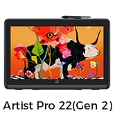 Text reads 'Artist Pro 2 (Gen 2) 4K'. Digital display tablet device shown with colorful illustrated screen displaying artistic imagery.